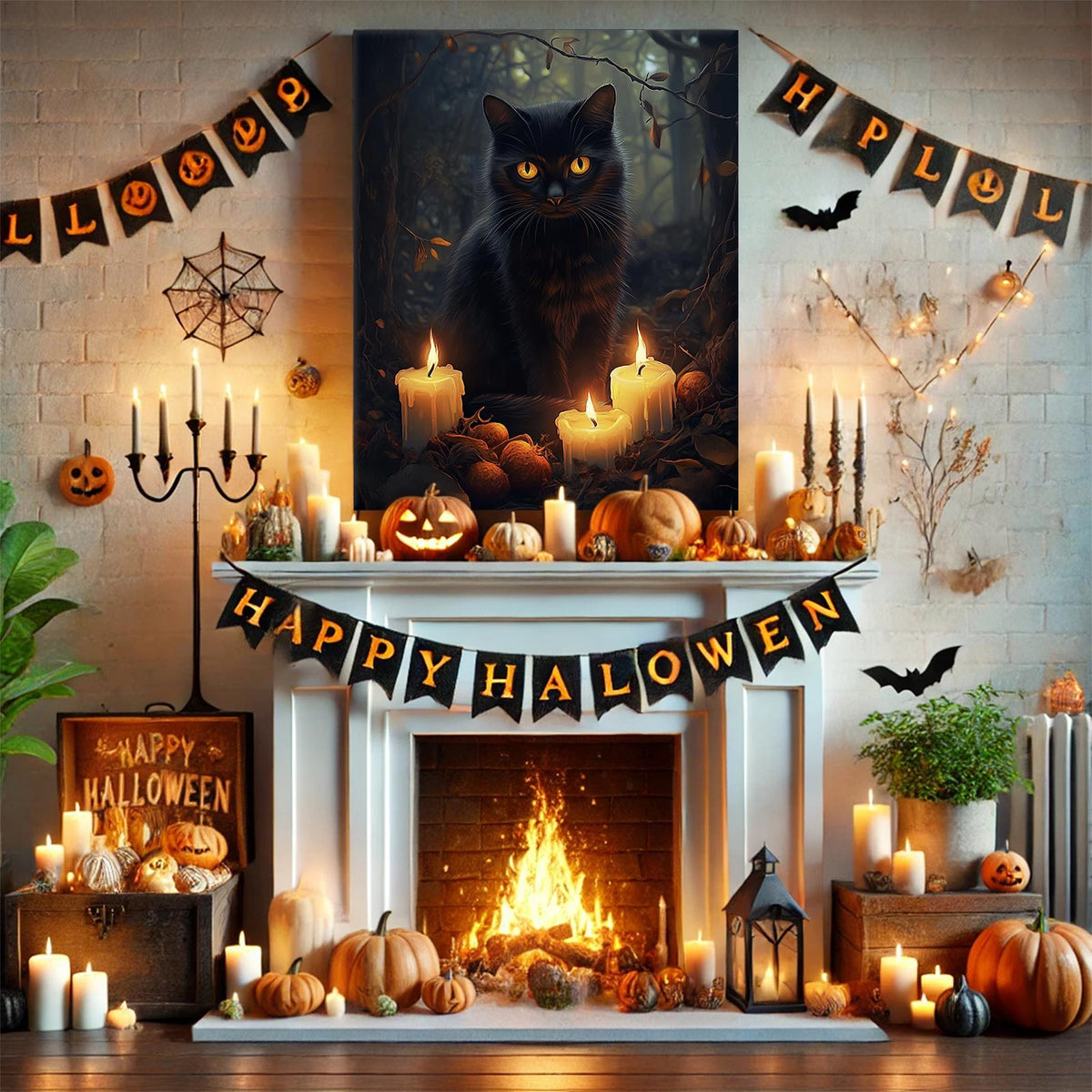 Enchanted Forest Black Cat Painting and Candles Halloween Wall Art