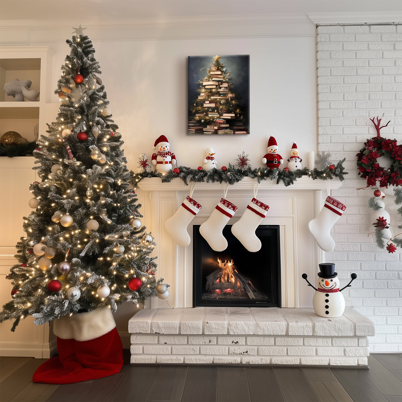 Book Lover Christmas Tree Canvas Wall Art, Stacked Books Holiday Decor for Home Library and Reading Room