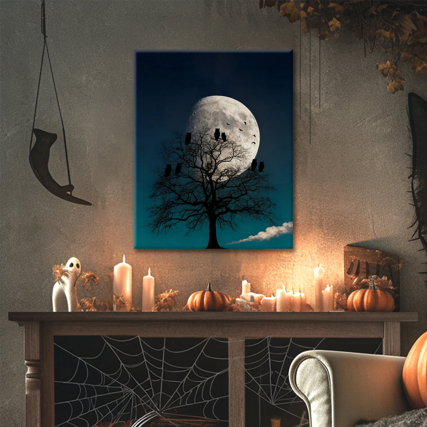 Moonlit Owl Tree Halloween Canvas Wall Art