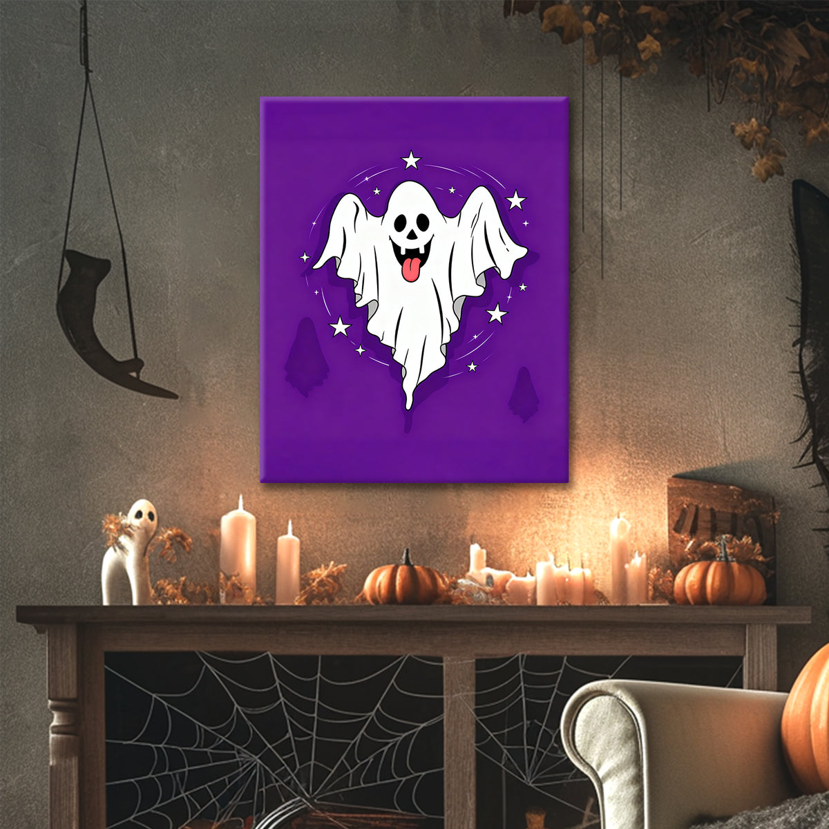Playful Starry Ghost Halloween Canvas Wall Art