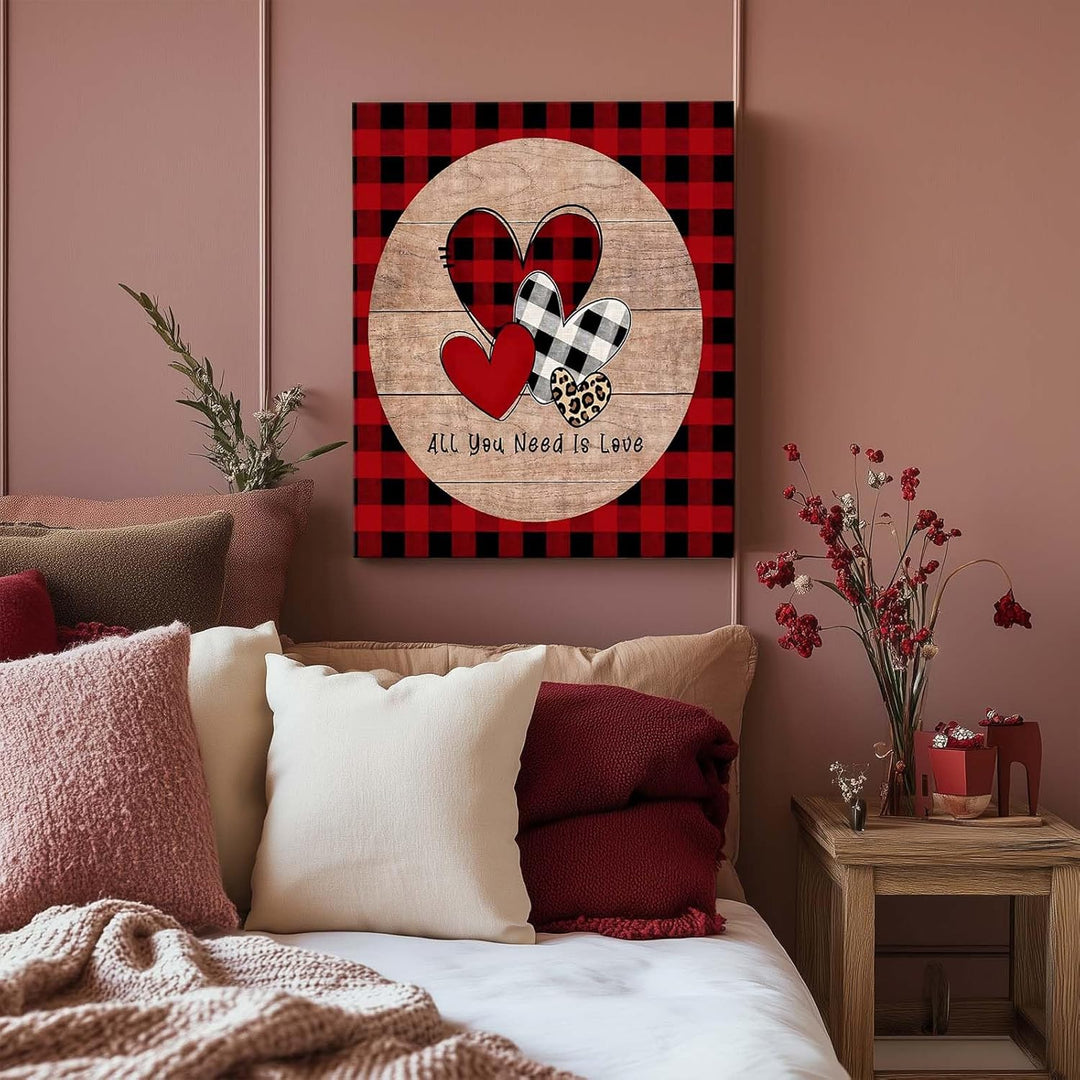 Romantic Love Print "All You Need Is Love" Buffalo Plaid & Leopard Hearts Wall Art