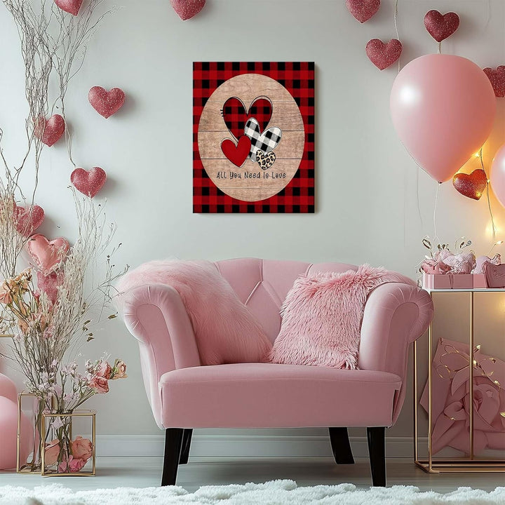 Romantic Love Print "All You Need Is Love" Buffalo Plaid & Leopard Hearts Wall Art