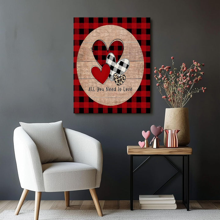 Romantic Love Print "All You Need Is Love" Buffalo Plaid & Leopard Hearts Wall Art