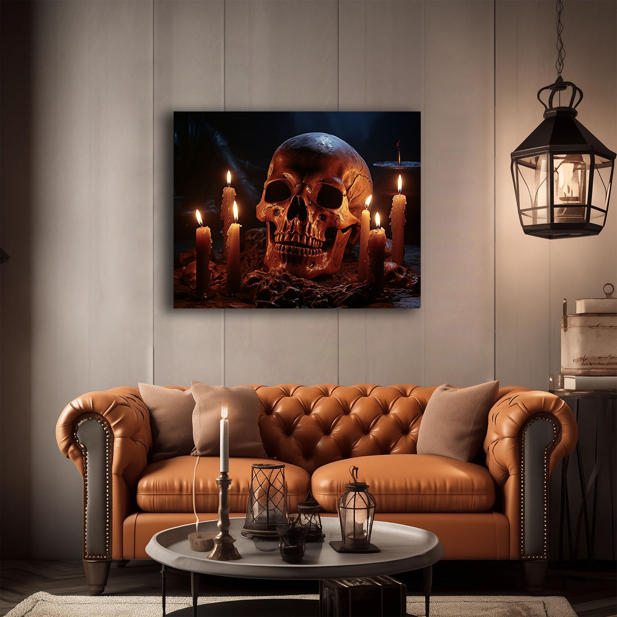 Skull and Candle Dark Gothic Horror Still Life Painting Halloween Wall Art