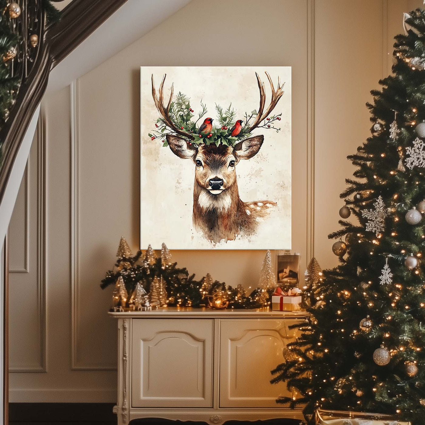 Christmas Deer and Woodland Wildlife Canvas Wall Art, Rustic Winter Holiday Decor