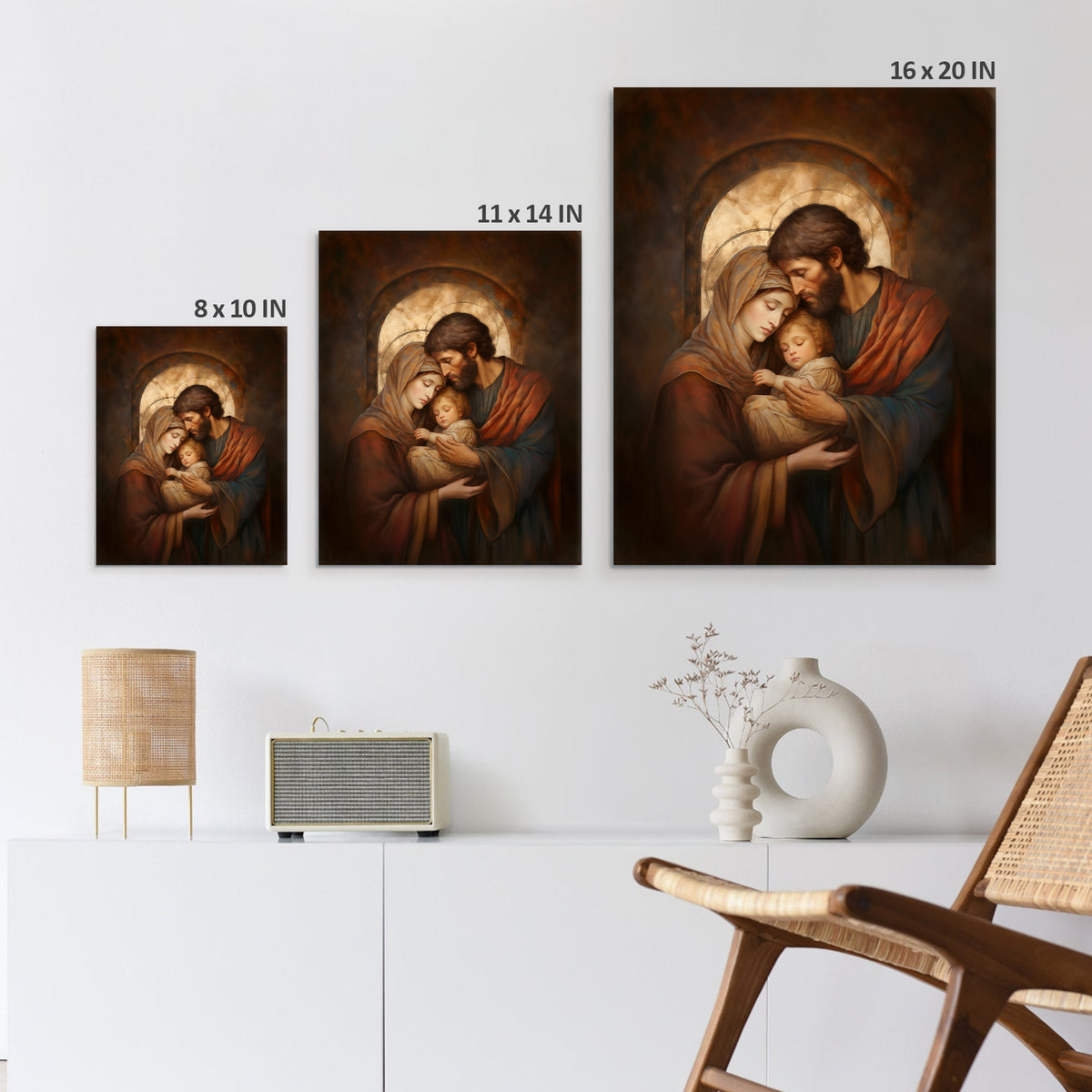 Holy Family Portrait Canvas Wall Art – Mary, Joseph and Baby Jesus Religious Home Decor