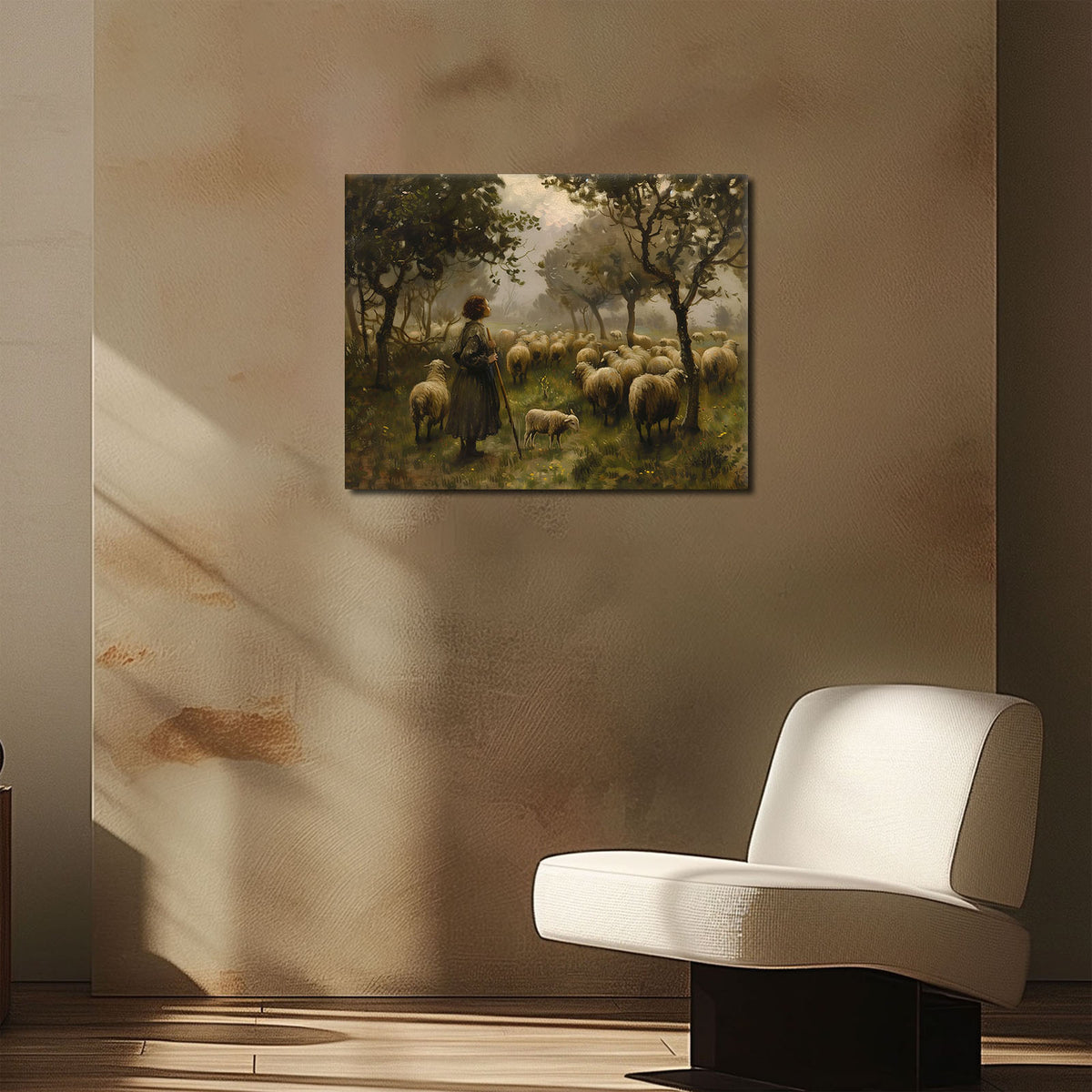 Atmospheric Pastoral Landscape Painting Shepherd and Sheep in the Misty Meadow Wall Art
