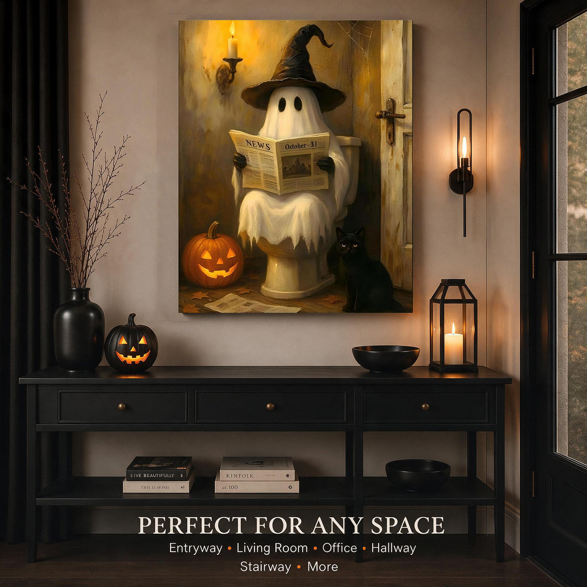 Haunted Newspaper Ghost Halloween Canvas Wall Art