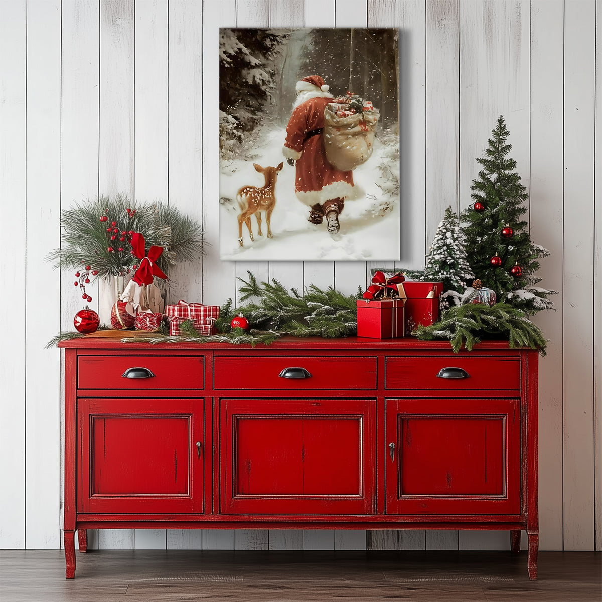 Santa Claus and Fawn Christmas Canvas Wall Art, Santa Carrying Gifts in a Snowy Forest Holiday Decor