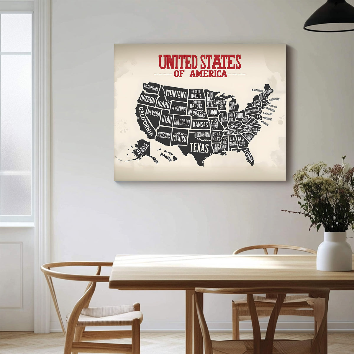 United States State Map Vintage Black and White U.S. Map Illustration Wall Art