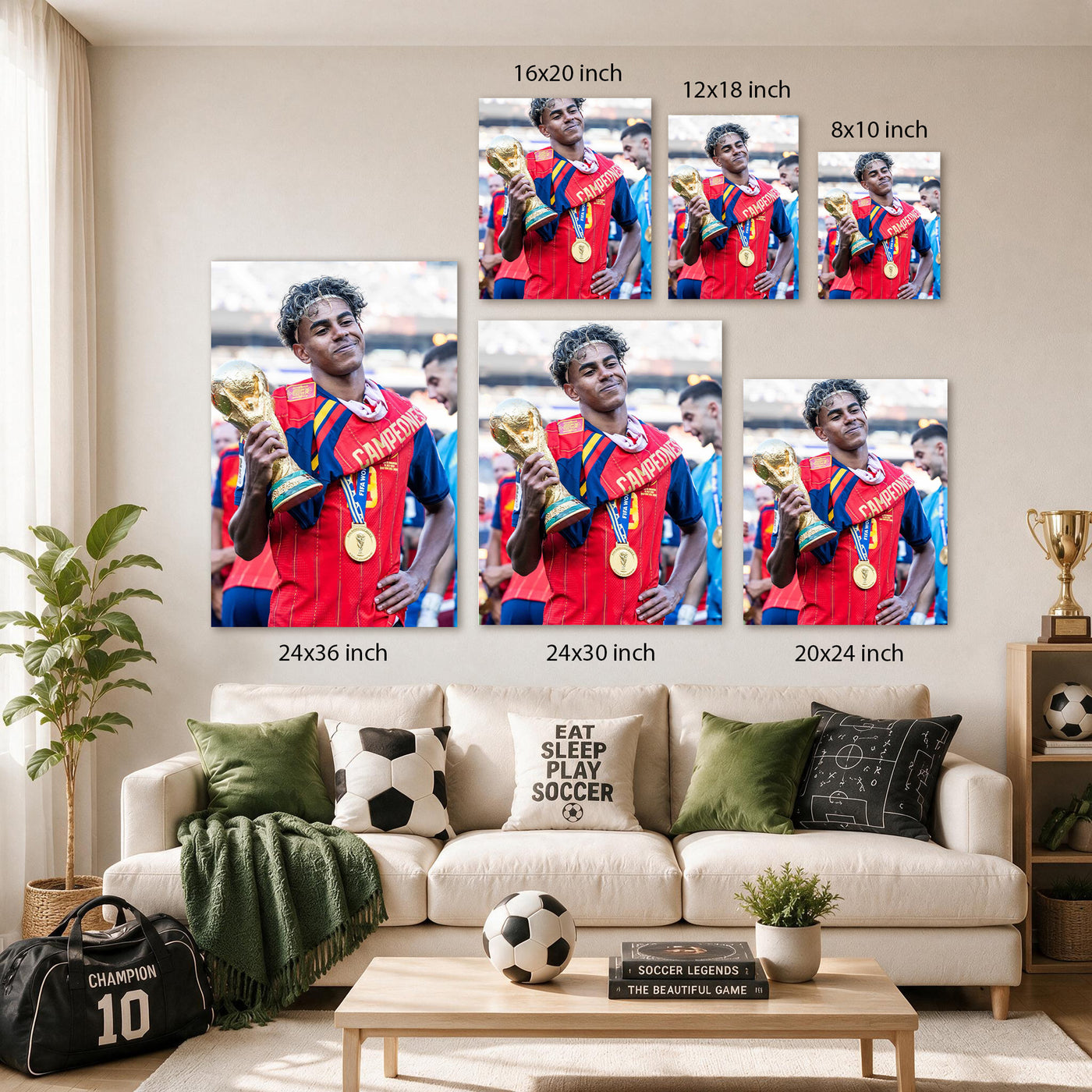Lamine Yamal Champion Trophy Canvas Wall Art – Spain Soccer Celebration Print