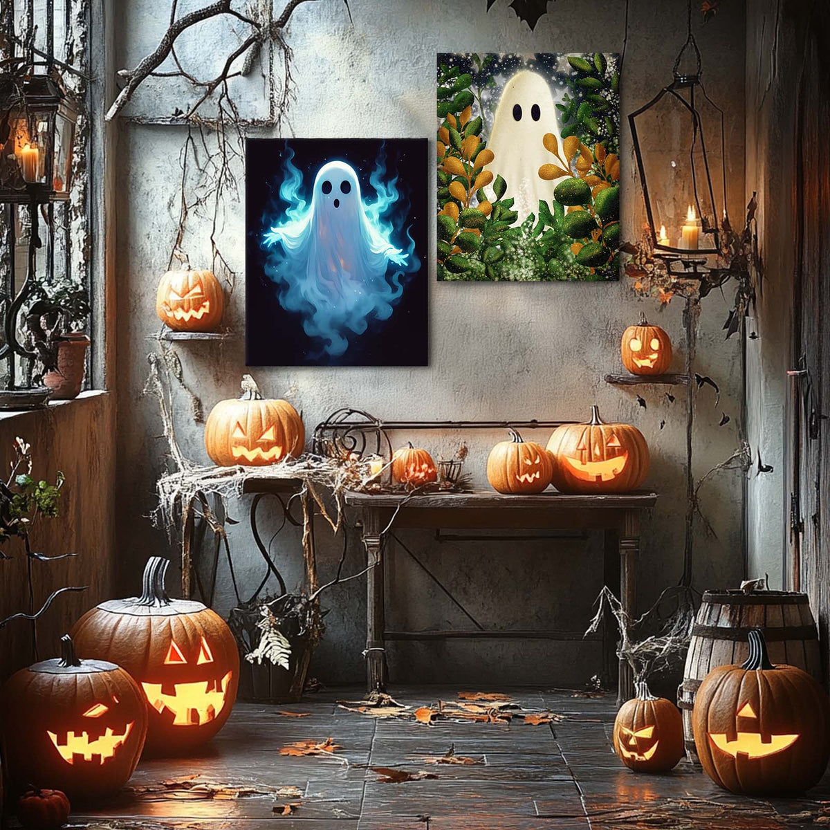 Cute Ghost Among Autumn Foliage Illustration Halloween Wall Art