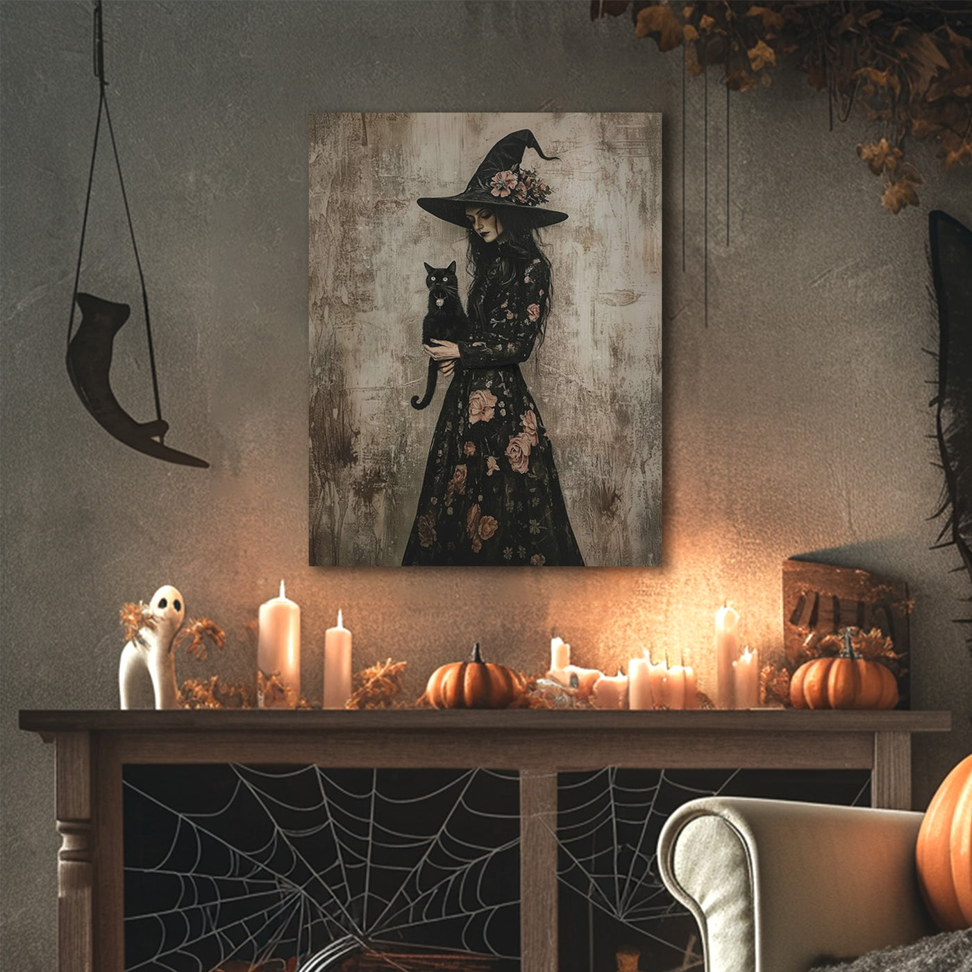 Floral Witch and Black Cat Halloween Canvas Wall Art