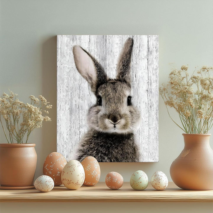 Easter Framed Canvas Wall Art Living Room Decor Rustic Bunny Poster Lovable Rabbit Front Portrait Painting Modern Artwork for Bedroom Dorm Home Office Holiday Wall Decoration