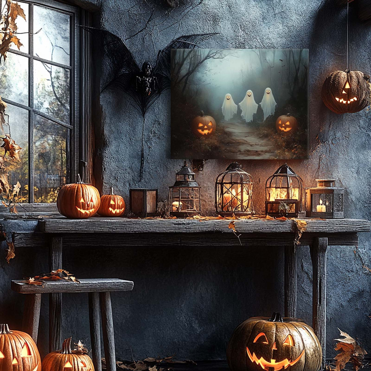 Three Friendly Ghosts Whimsical Haunted Forest Illustration Halloween Wall Art
