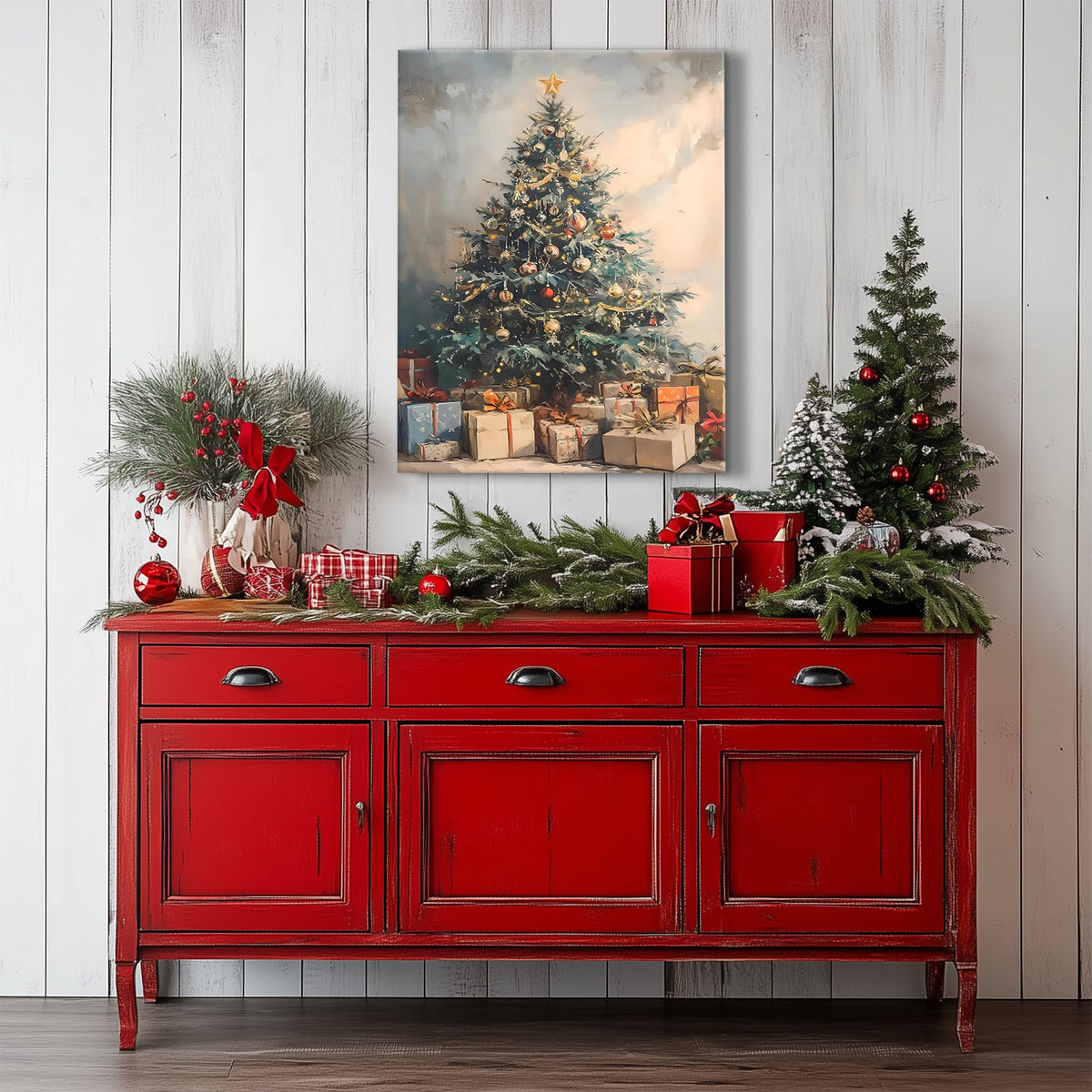 Decorated Christmas Tree Canvas Wall Art with Gifts, Festive Holiday Artwork for Living Room, Bedroom and Entryway