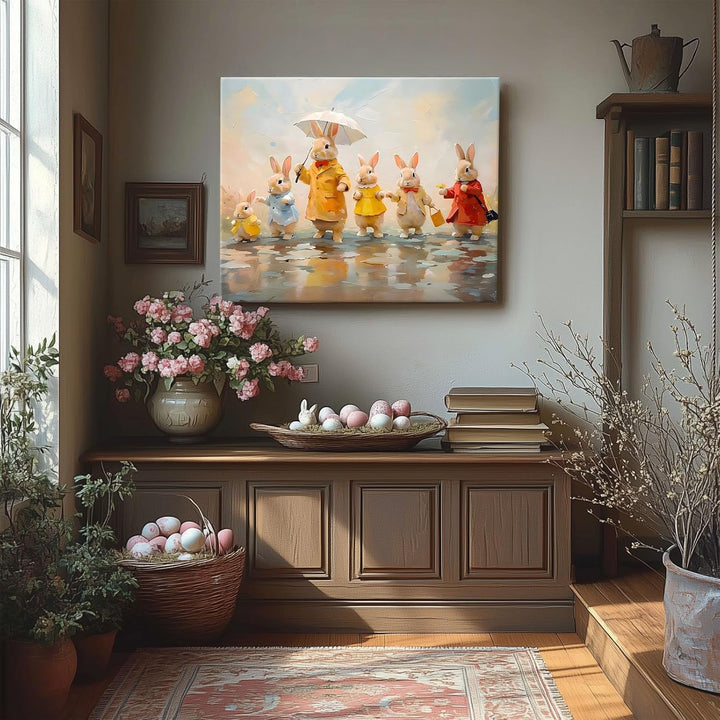 Framed Easter Canvas Wall Art, Bunny Family in Rainy Spring Print Poster, Whimsical Oil Painting Heartwarming Fun Artwork Decoration Pictures