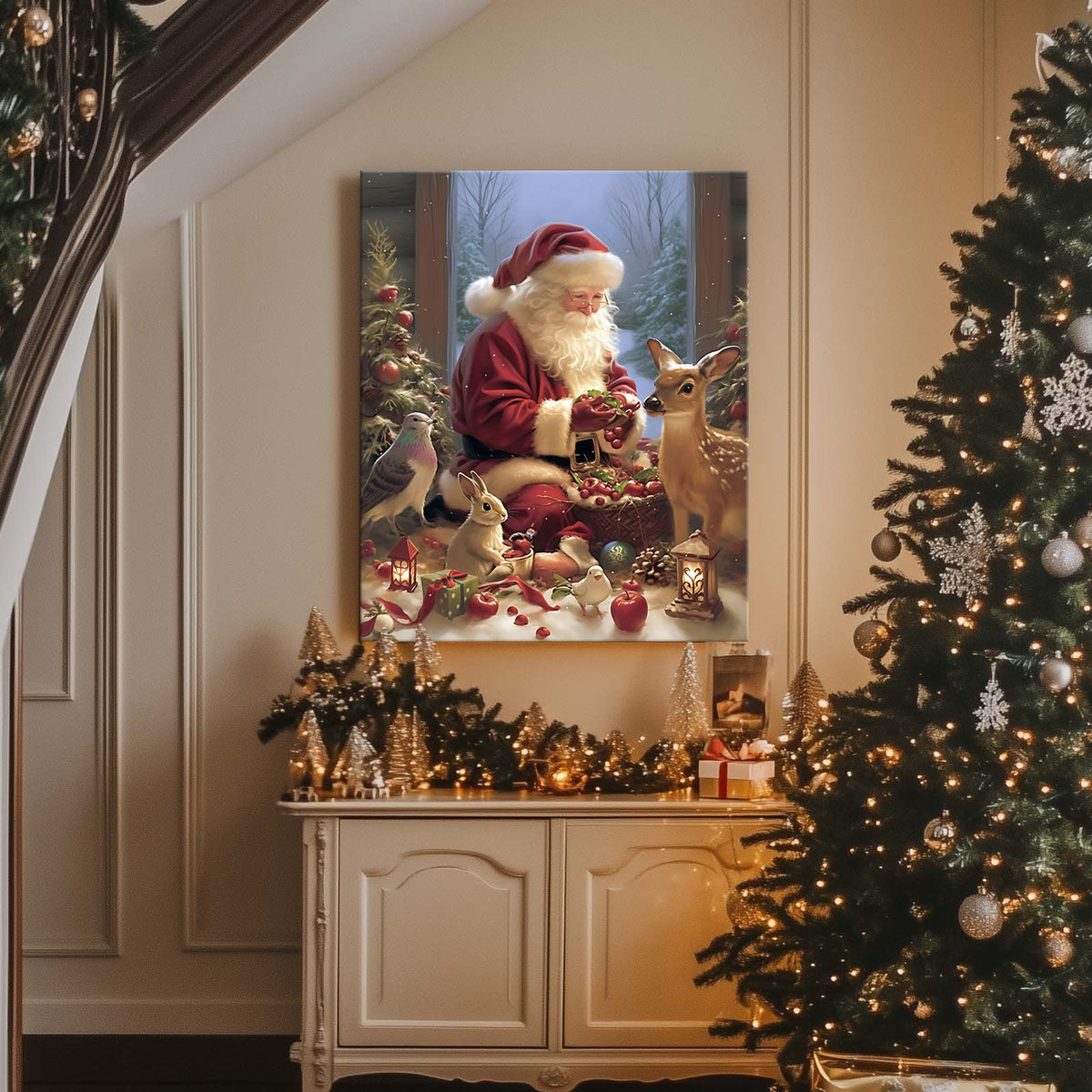 Santa Claus with Woodland Animals Christmas Canvas Wall Art, Whimsical Holiday Decor for Living Room and Nursery