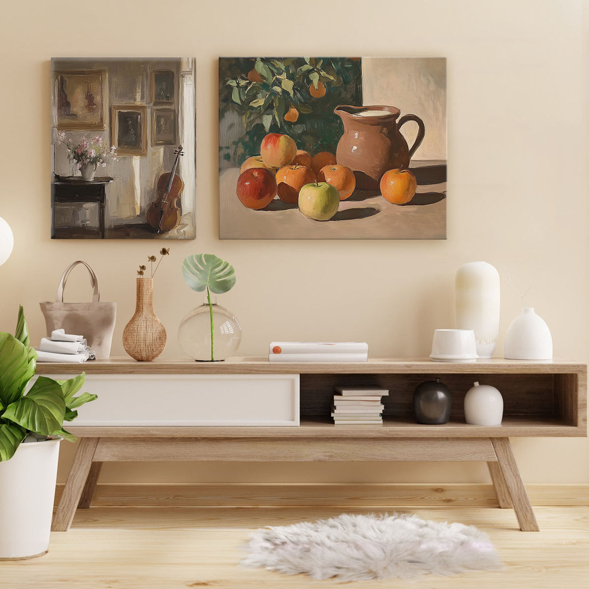 Vintage Violin and Gallery Moody Classical Interior Still Life Painting Wall Art
