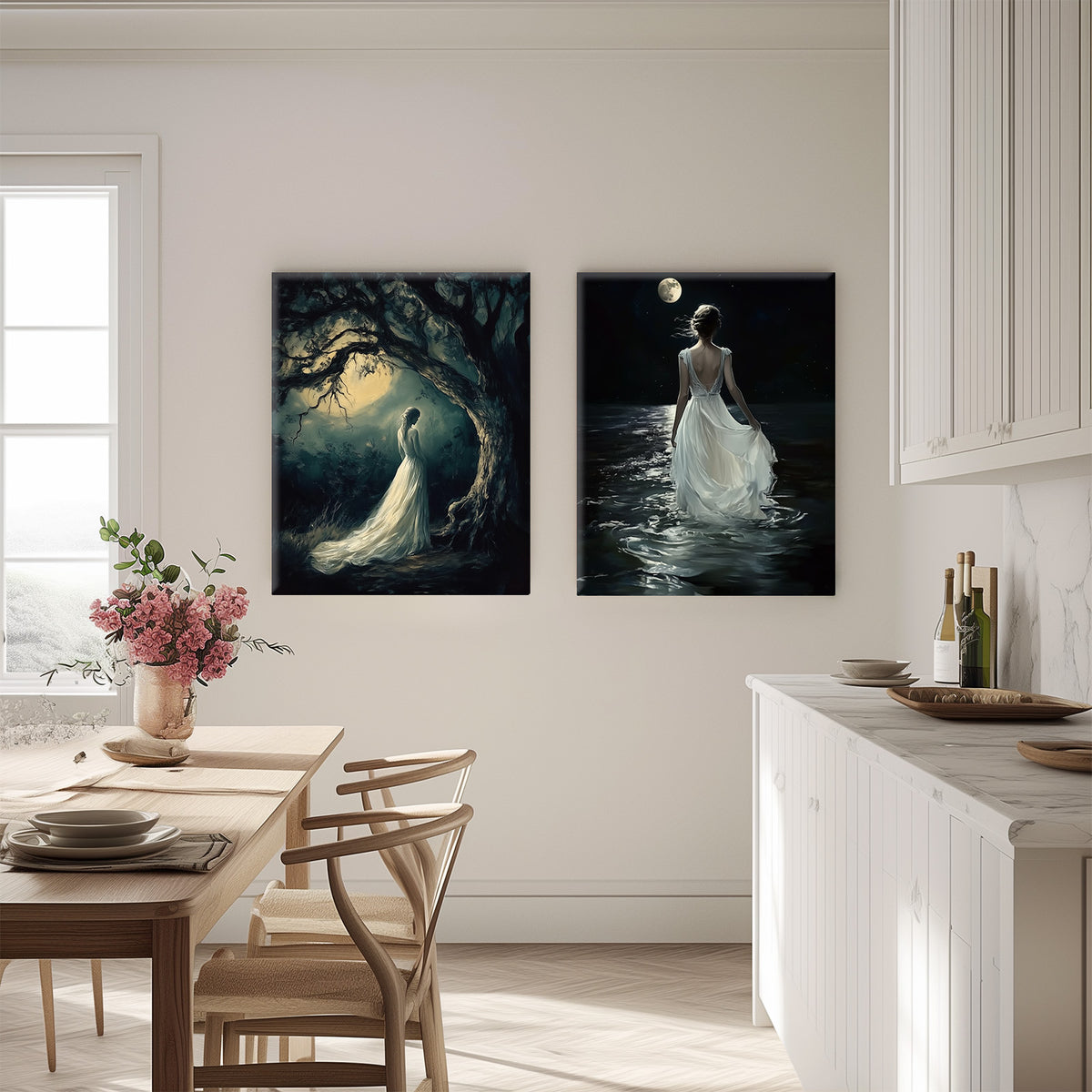 Dreamy Romantic Fantasy Painting Moonlit Woman by the Sea Wall Art