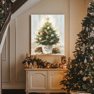 Small Christmas Tree Canvas Wall Art, Rustic Potted Christmas Tree with Ornaments and Gifts Holiday Decor