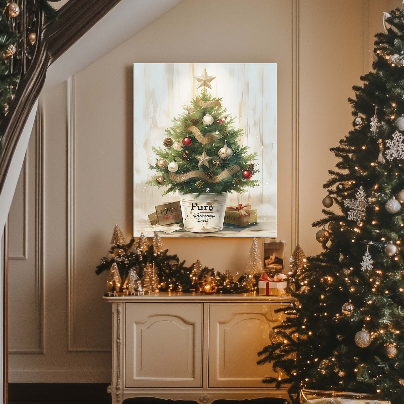 Small Christmas Tree Canvas Wall Art, Rustic Potted Christmas Tree with Ornaments and Gifts Holiday Decor