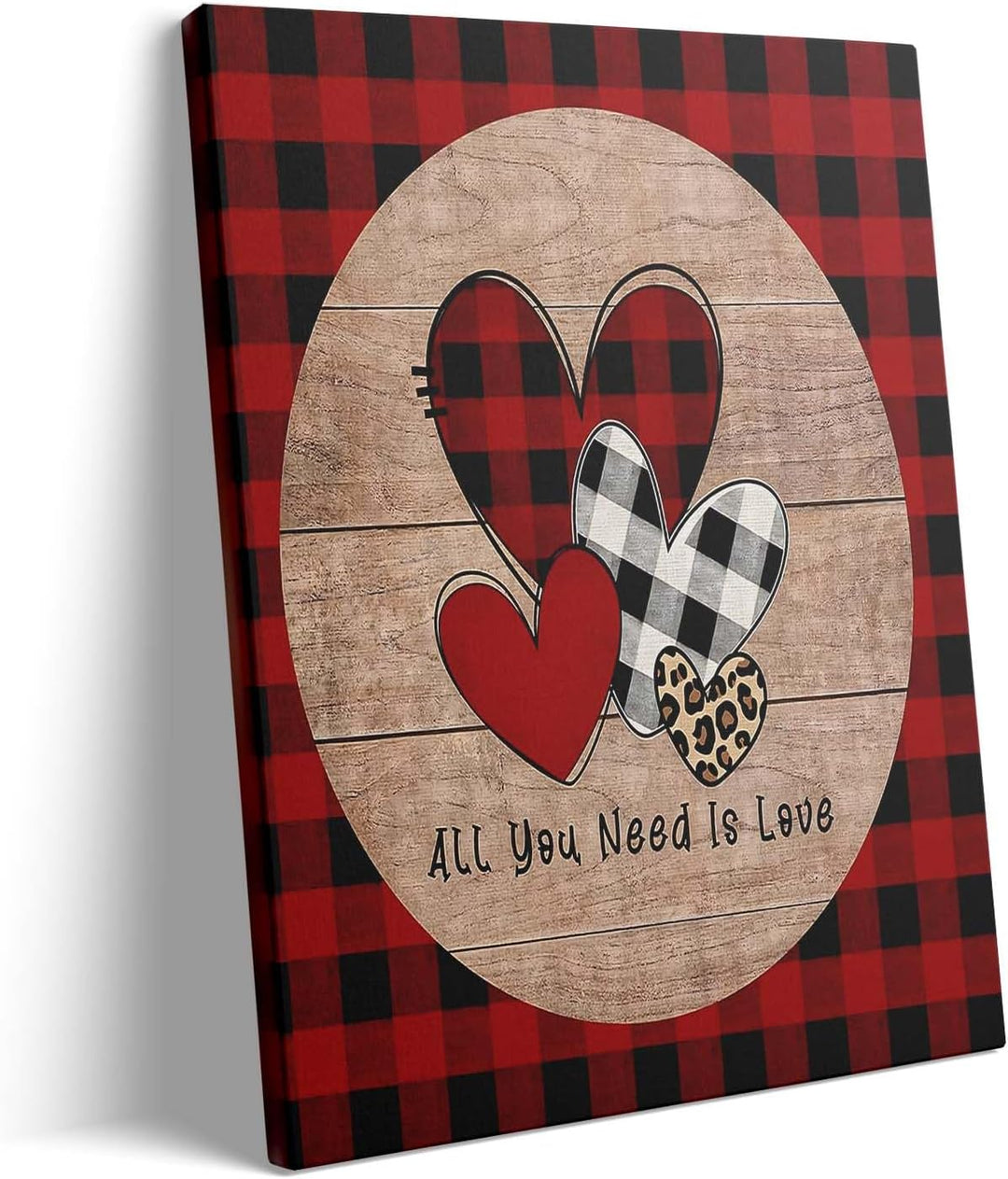 Romantic Love Print "All You Need Is Love" Buffalo Plaid & Leopard Hearts Wall Art