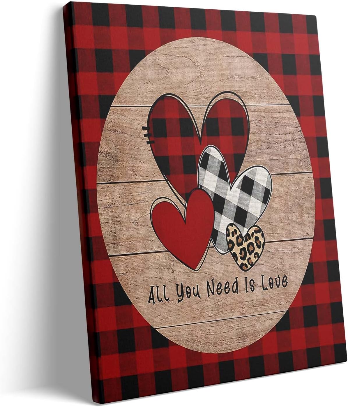 Romantic Love Print "All You Need Is Love" Buffalo Plaid & Leopard Hearts Wall Art