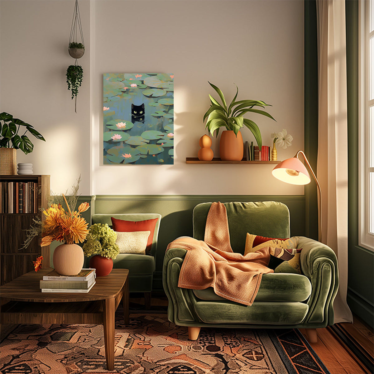 Black Cat Water Lily Wall Art