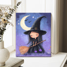 Little Witch Under the Crescent Moon Halloween Canvas Wall Art