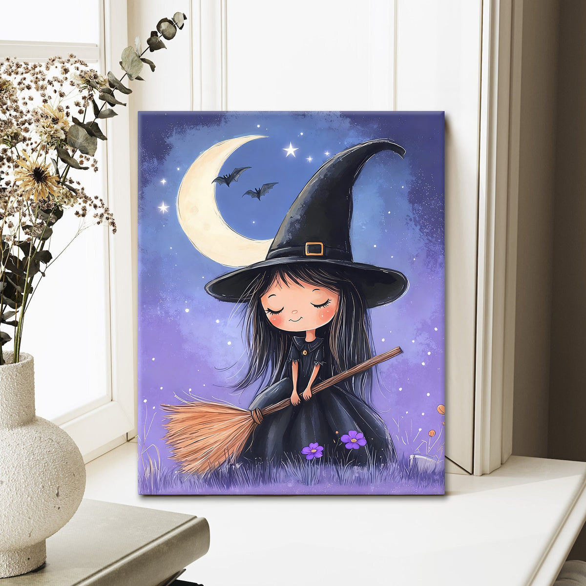 Little Witch Under the Crescent Moon Halloween Canvas Wall Art
