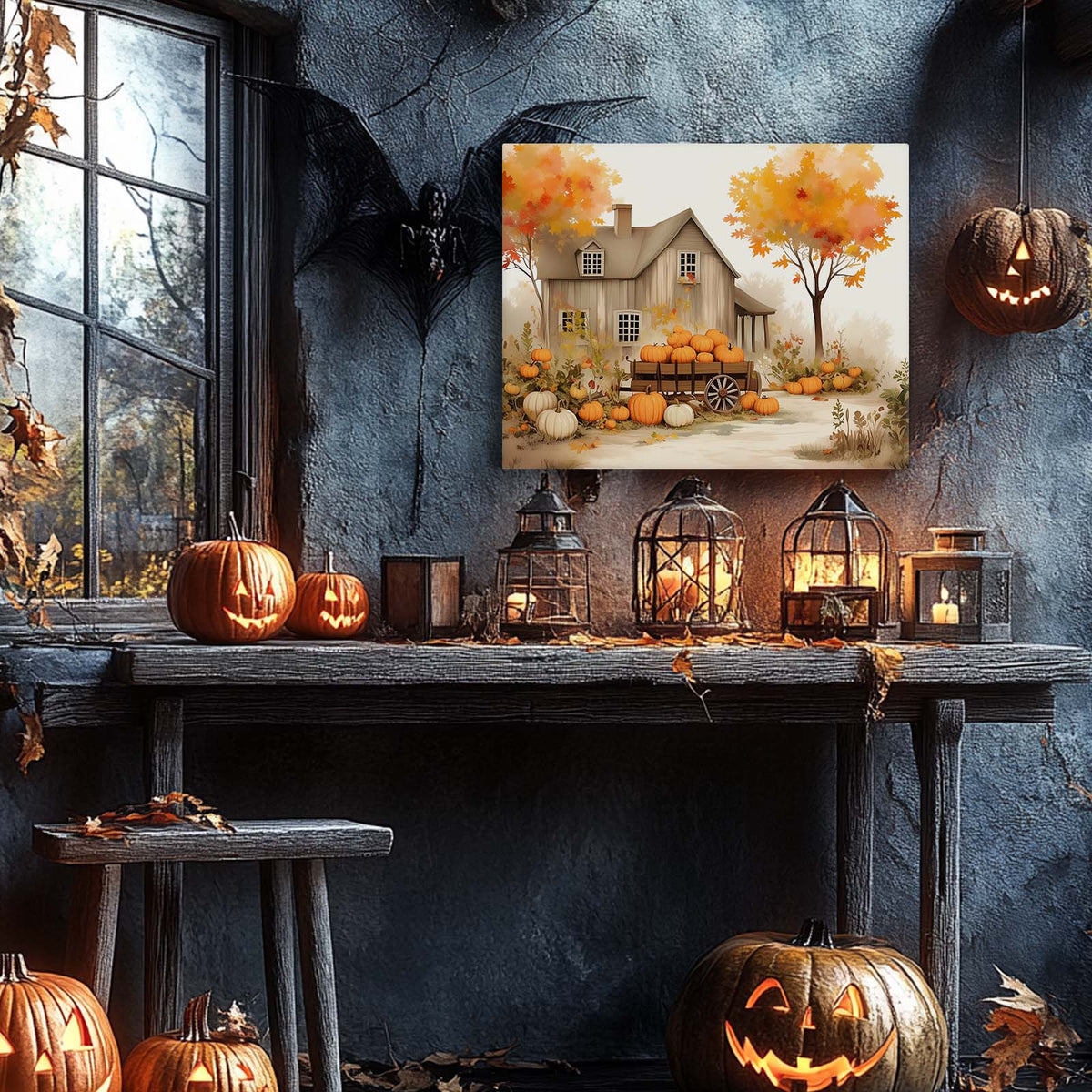 Autumn Pumpkin Farmhouse Charming Rustic Fall Harvest Illustration Wall Art
