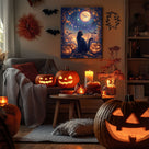Black Cat and Pumpkins Halloween Whimsical Halloween Night Illustration Wall Art