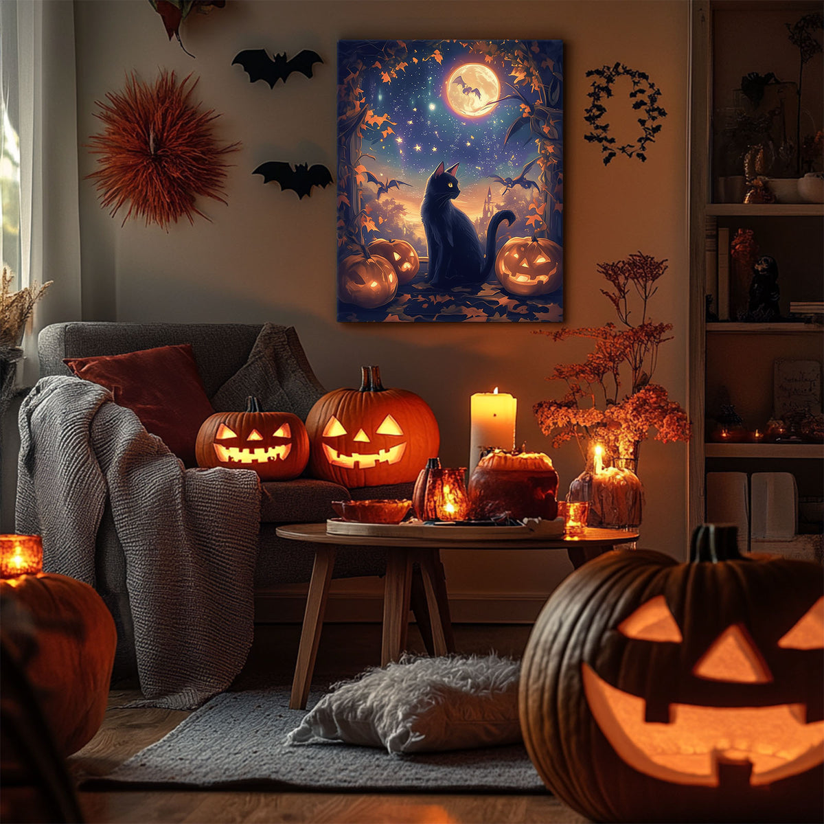 Black Cat and Pumpkins Halloween Whimsical Halloween Night Illustration Wall Art