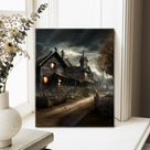 Shadowy Halloween Village Street Canvas Wall Art
