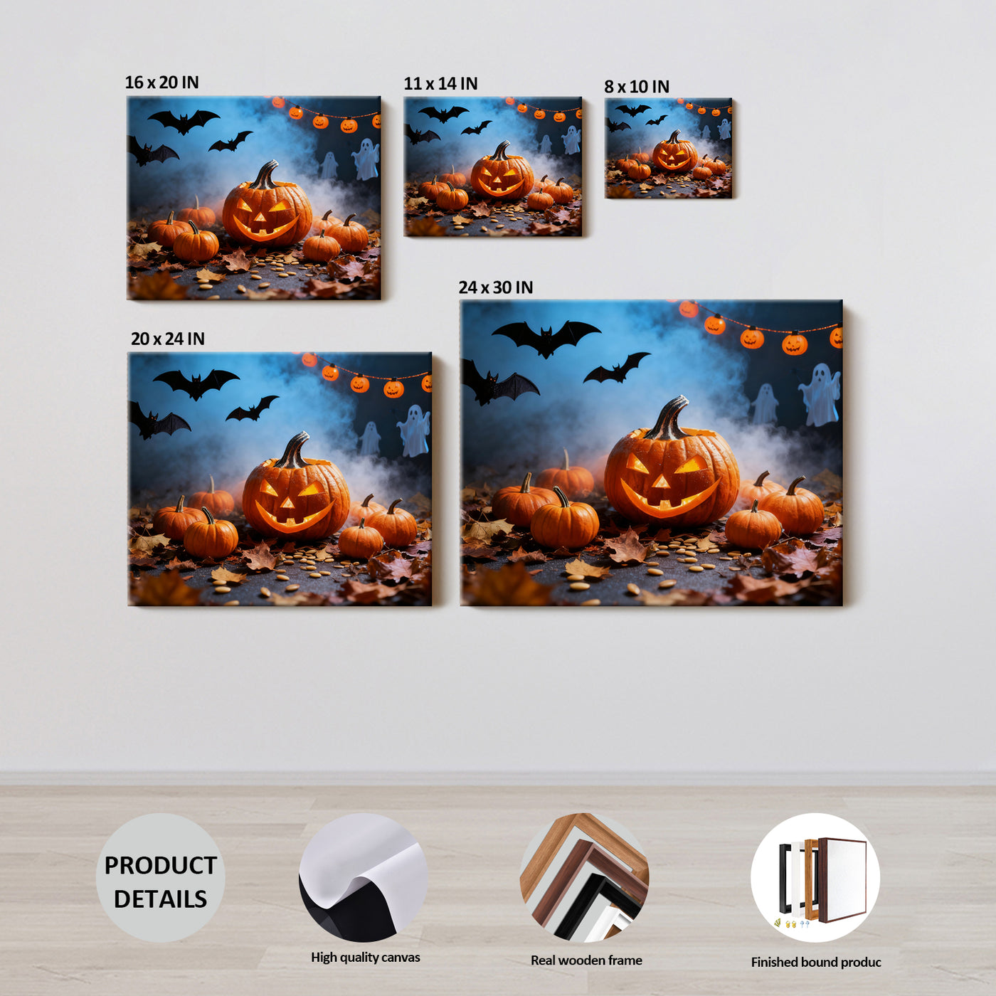 Pumpkin Patch Halloween Canvas Wall Art, Bats and Ghosts Decor