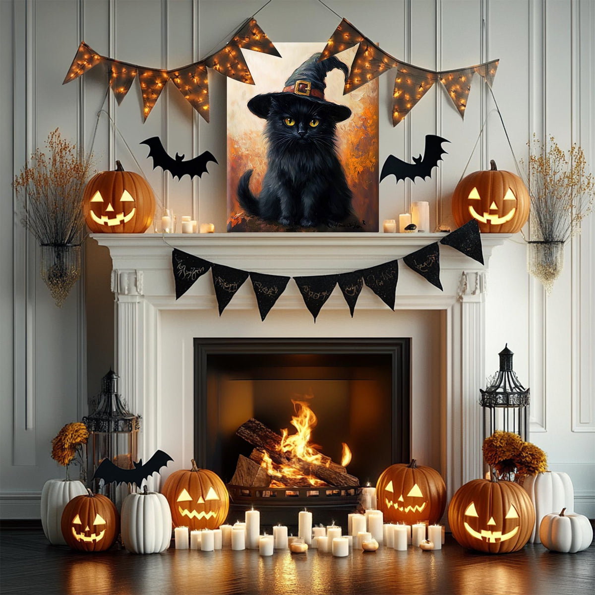 Witch Hat Black Cat Halloween Wall Art