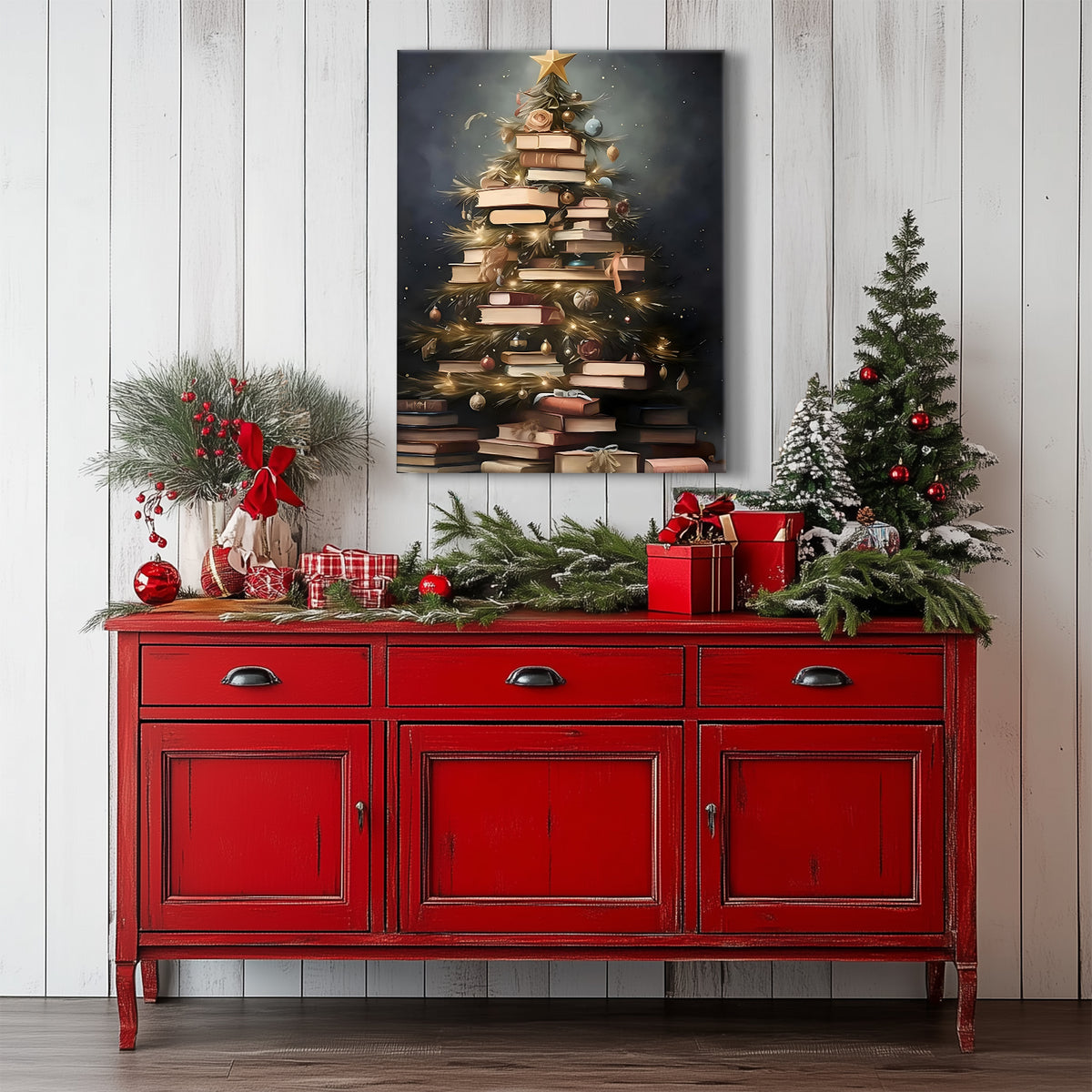 Book Lover Christmas Tree Canvas Wall Art, Stacked Books Holiday Decor for Home Library and Reading Room