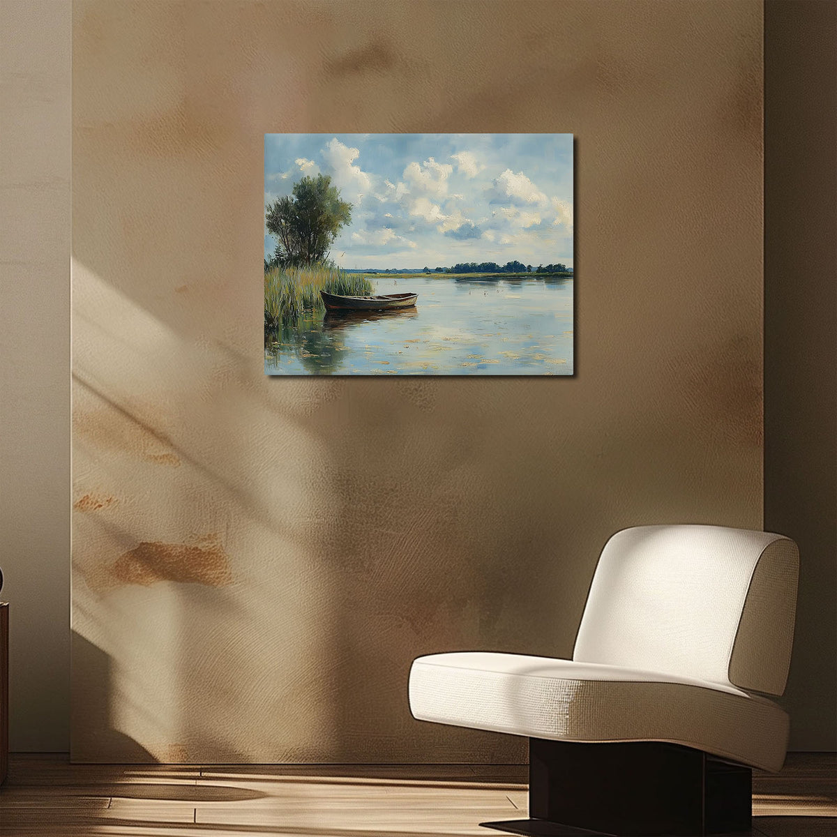Impressionist Lakeside Landscape Painting Peaceful Lake and Rowboat Wall Art