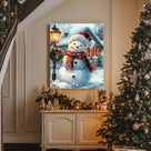 Cute Snowman Christmas Canvas Wall Art, Snowy Holiday House with Wreath and Lantern Decor
