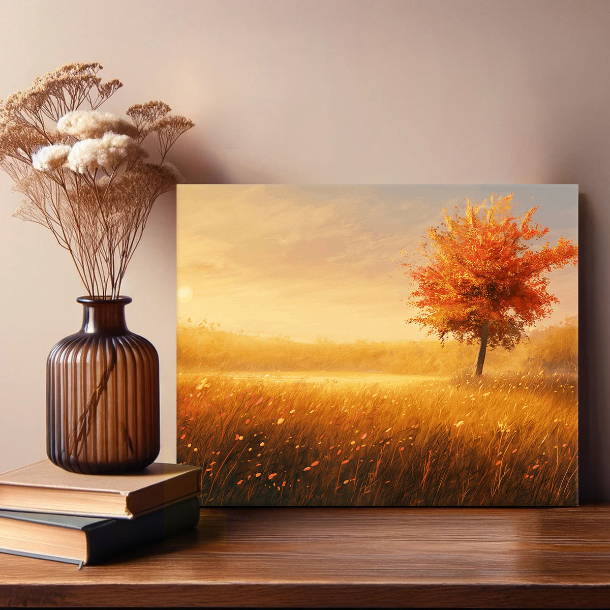 Golden Sunlit Autumn Meadow Landscape Tree Wall Art