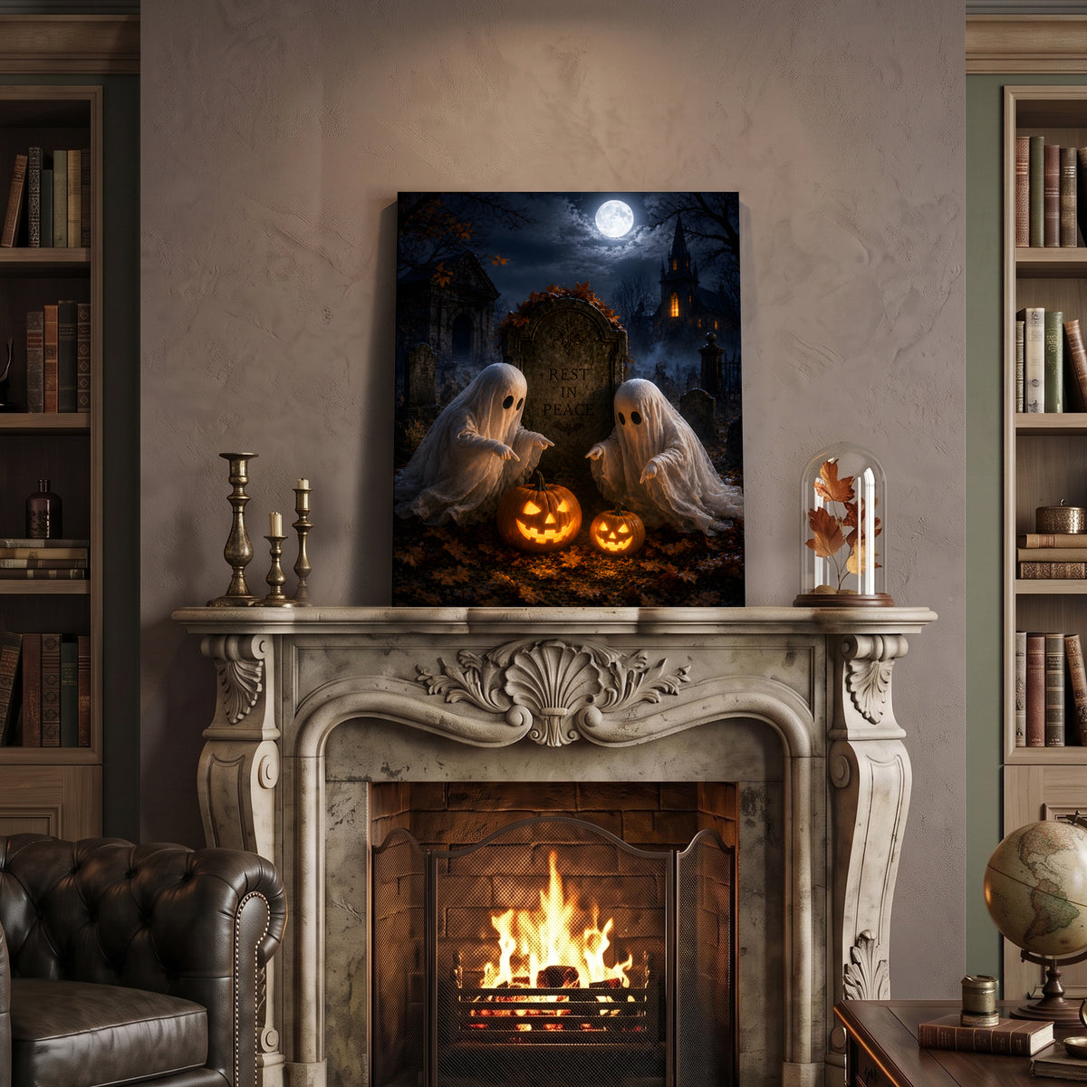 Cute Ghost and Pumpkin Halloween Canvas Wall Art, Whimsical Gothic Fall Decor for Home, Bedroom and Kids’ Room