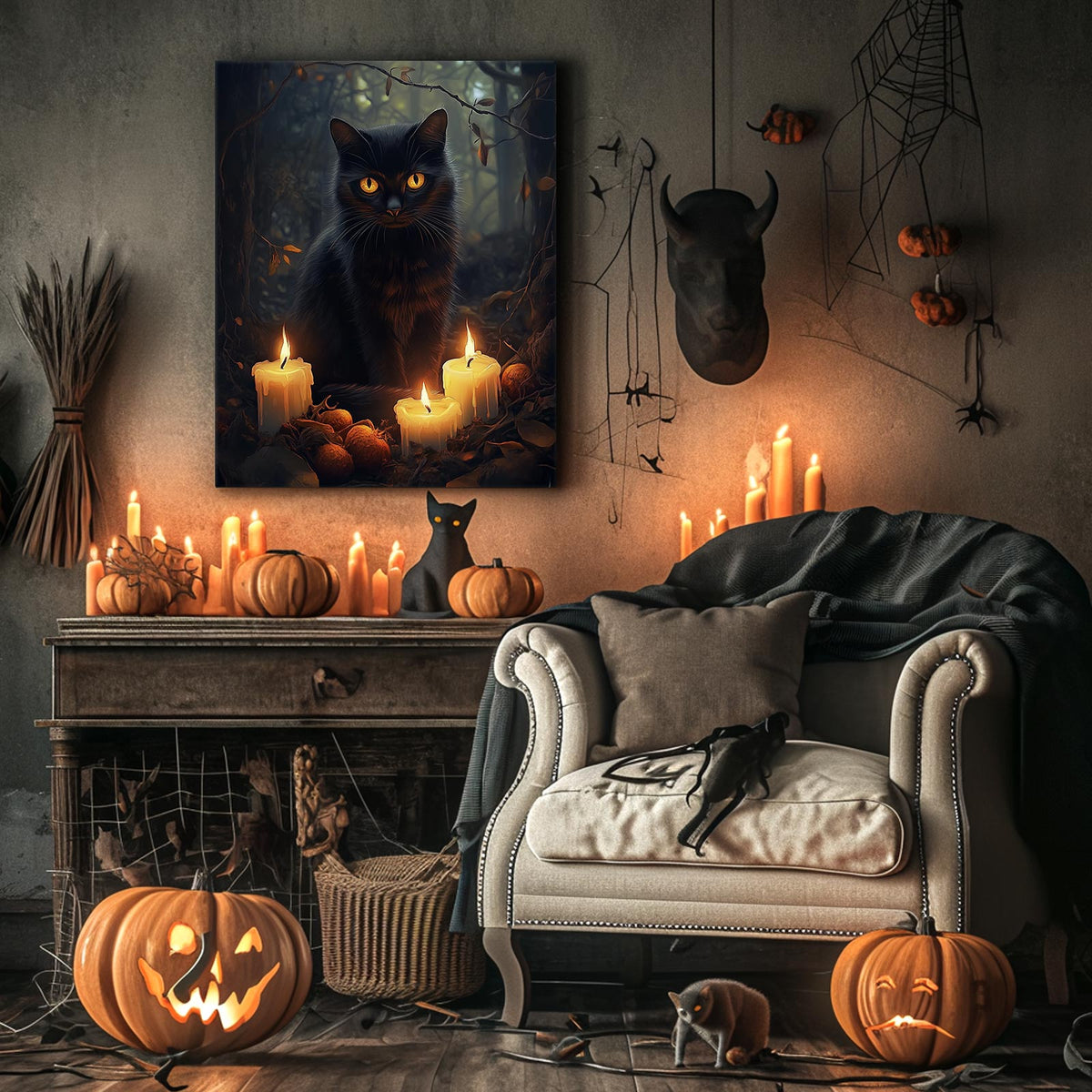 Enchanted Forest Black Cat Painting and Candles Halloween Wall Art