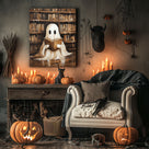 Cute Ghost Reading in the Library Whimsical Halloween Storybook Illustration Wall Art