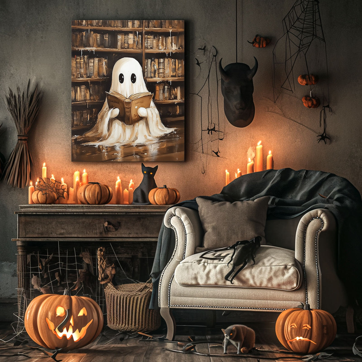 Cute Ghost Reading in the Library Whimsical Halloween Storybook Illustration Wall Art