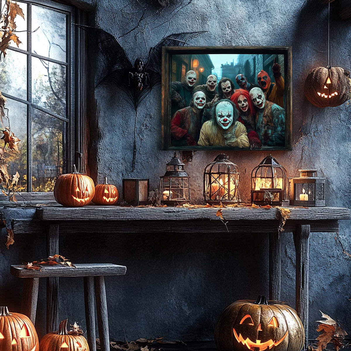 Creepy Clown Gang Halloween Canvas Wall Art – Haunted Horror Party Decor