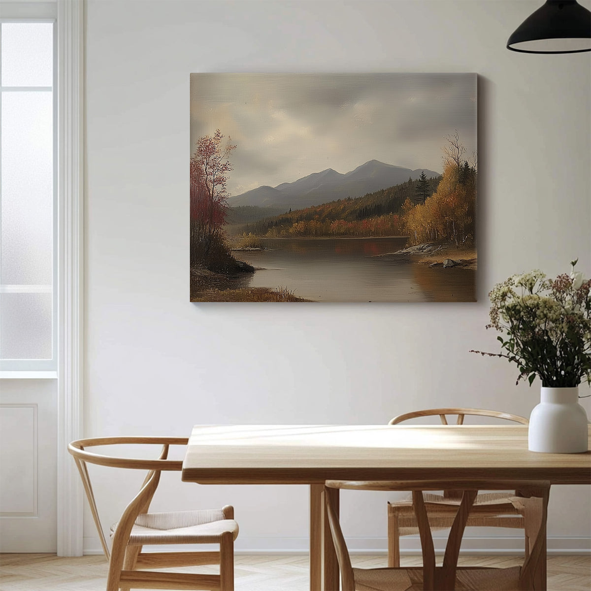Autumn Misty Mountain Lake Landscape Painting Wall Art