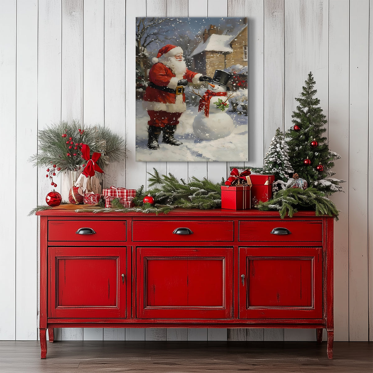 Santa Claus and Snowman Christmas Canvas Wall Art, Festive Winter Holiday Decor for Living Room and Entryway
