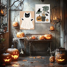 Halloween Black Cats, Ghosts and Pumpkins Illustration Wall Art
