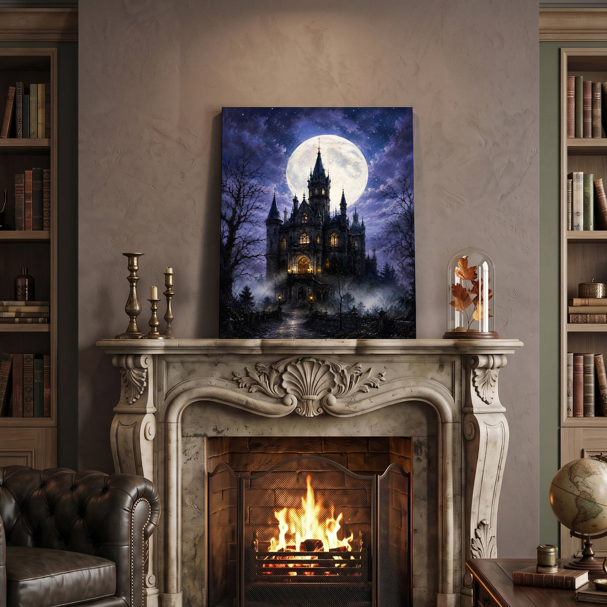 Gothic Castle and Bats Halloween Canvas Wall Art, Dark Fantasy Fall Decor for Living Room, Bedroom and Office